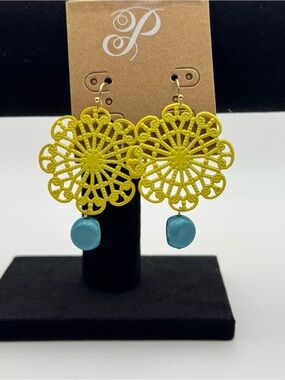 pistil Yellow Filigree Sunburst Earrings with Teal Drop